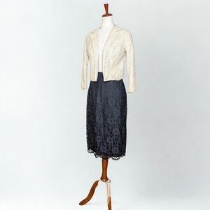 Vintage 50's Lace Black Midi Pencil Skirt and Cropped Cream Lace Jacket Suit Set